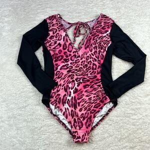 Y Customs Swimsuit long sleeved pink leopard one piece suit, large